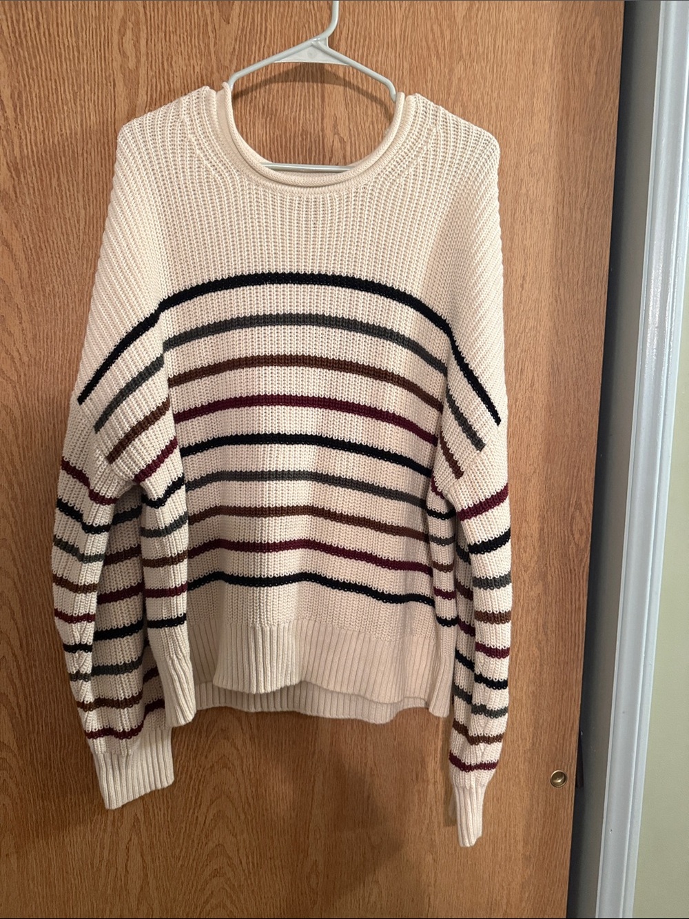 GAP Cream Crewneck Sweater with Navy, Brown, and Burgundy Stripes